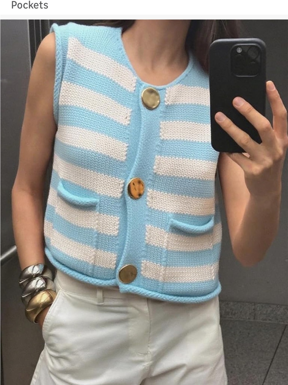 NWT Striped Knit Vest with Gold Buttons - Light Blue & White